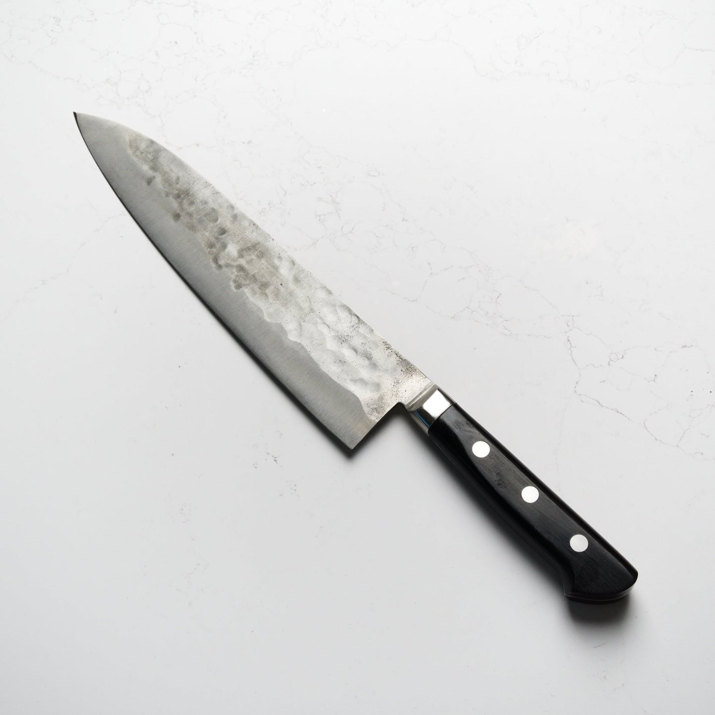 Morihei Hisamoto White 1 Tsuchime Stainless Clad Gyuto 240mm - Pakkawood Handle - Blade & Board