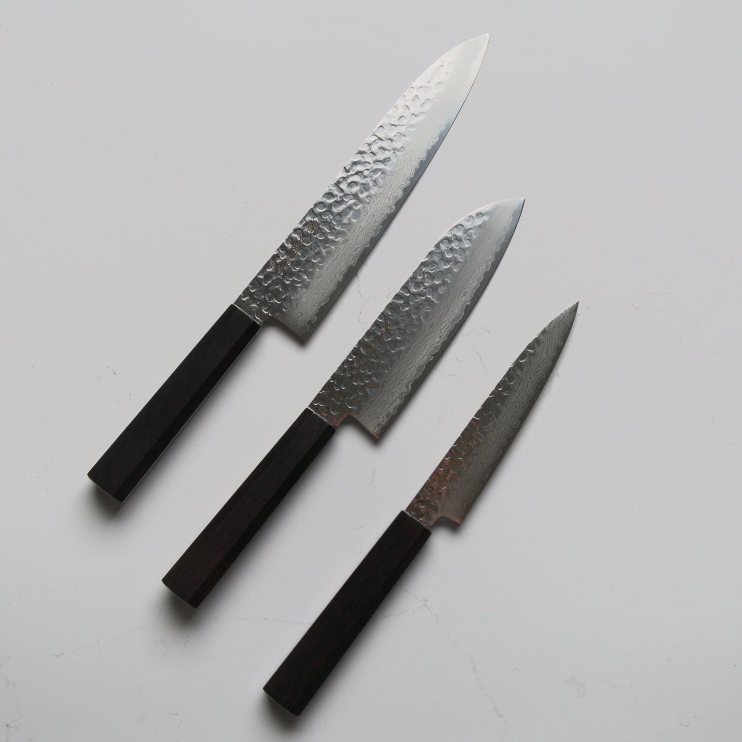 Sakai Kikumori VG10 Damascus Set - Gyuto, Santoku, Petty - Blade & Board