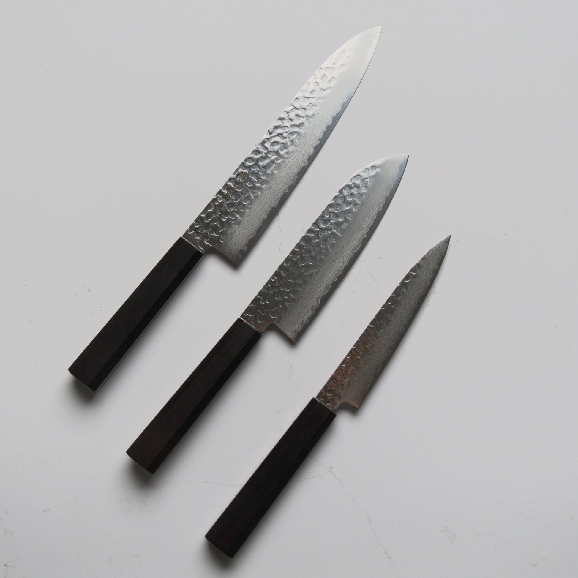 Sakai Kikumori VG10 Damascus Set - Gyuto, Santoku, Petty - Blade & Board