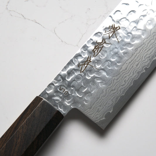 Sakai Kikumori VG10 Tsuchime Damascus Nakiri 165mm - Ebony Mono - Blade & Board