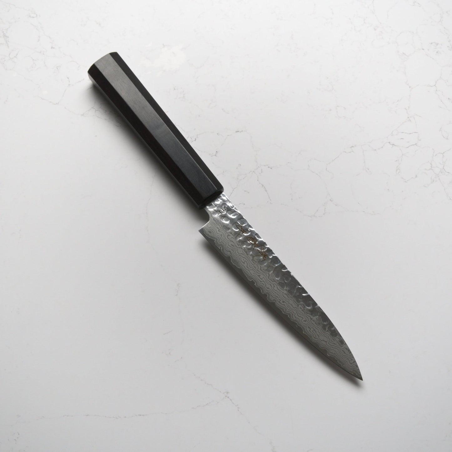 Sakai Kikumori VG10 Tsuchime Damascus Petty 150mm - Ebony Mono - Blade & Board