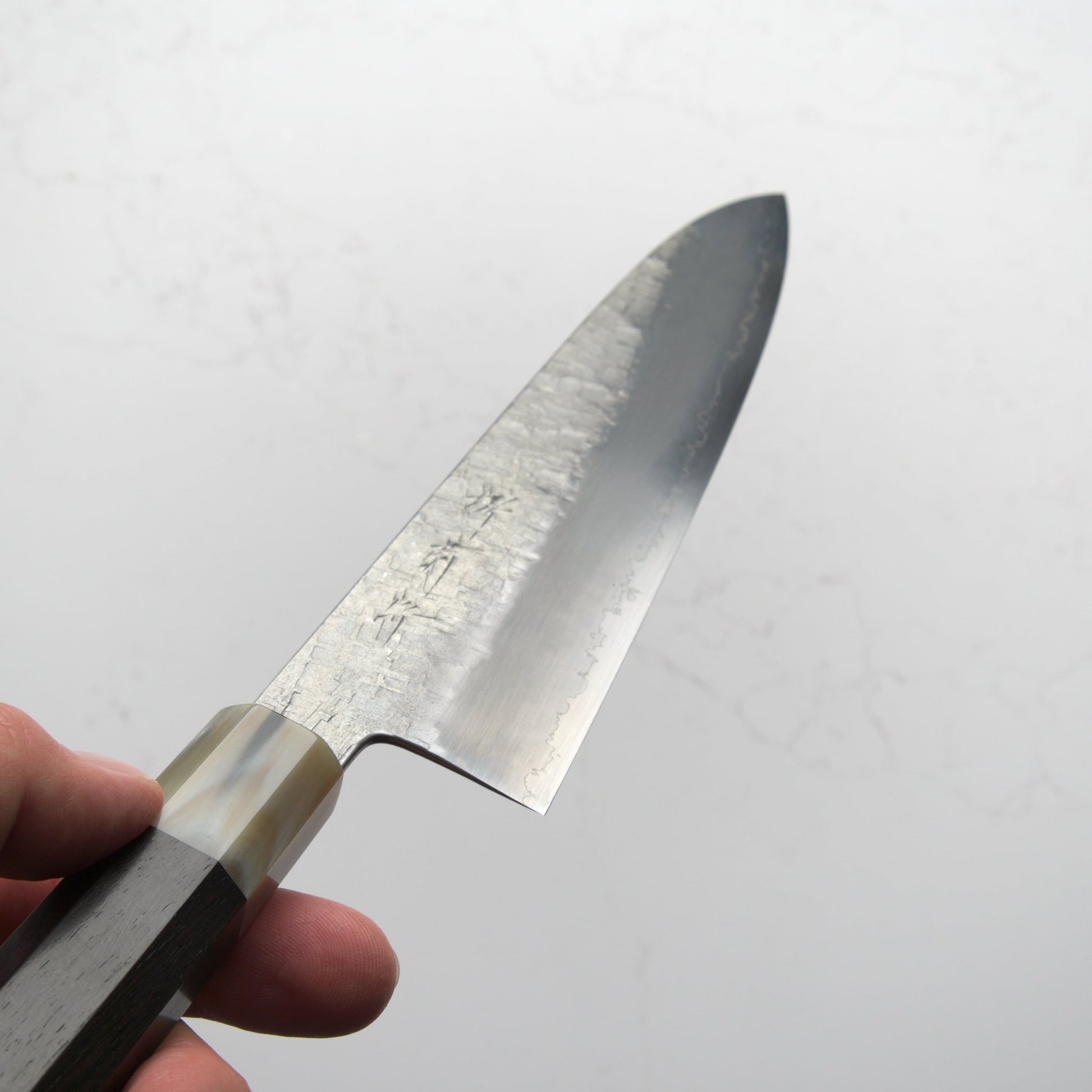 Satoshi Nakagawa Ginsan Tsuchime Gyuto 210mm - Ebony & Blonde - Blade & Board