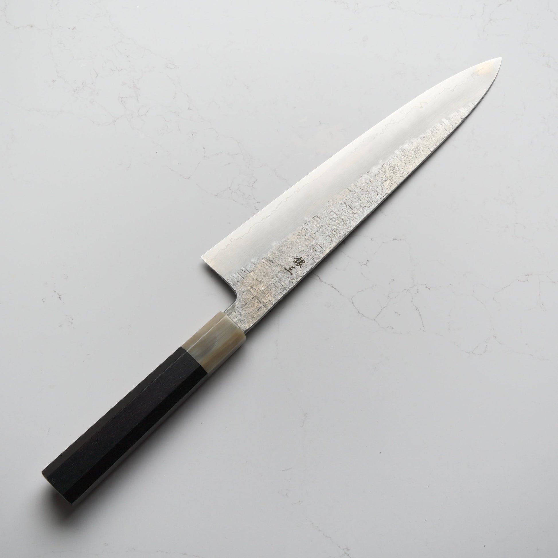 Satoshi Nakagawa Ginsan Tsuchime Gyuto 240mm - Ebony & Blonde - Blade & Board